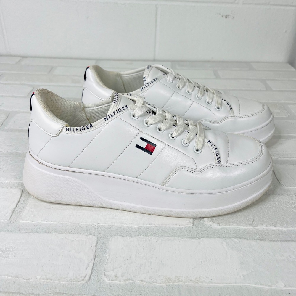 Tommy Hilfiger Mens White Platform Sneakers Chunky Low Top Flag Logo Shoes 10M